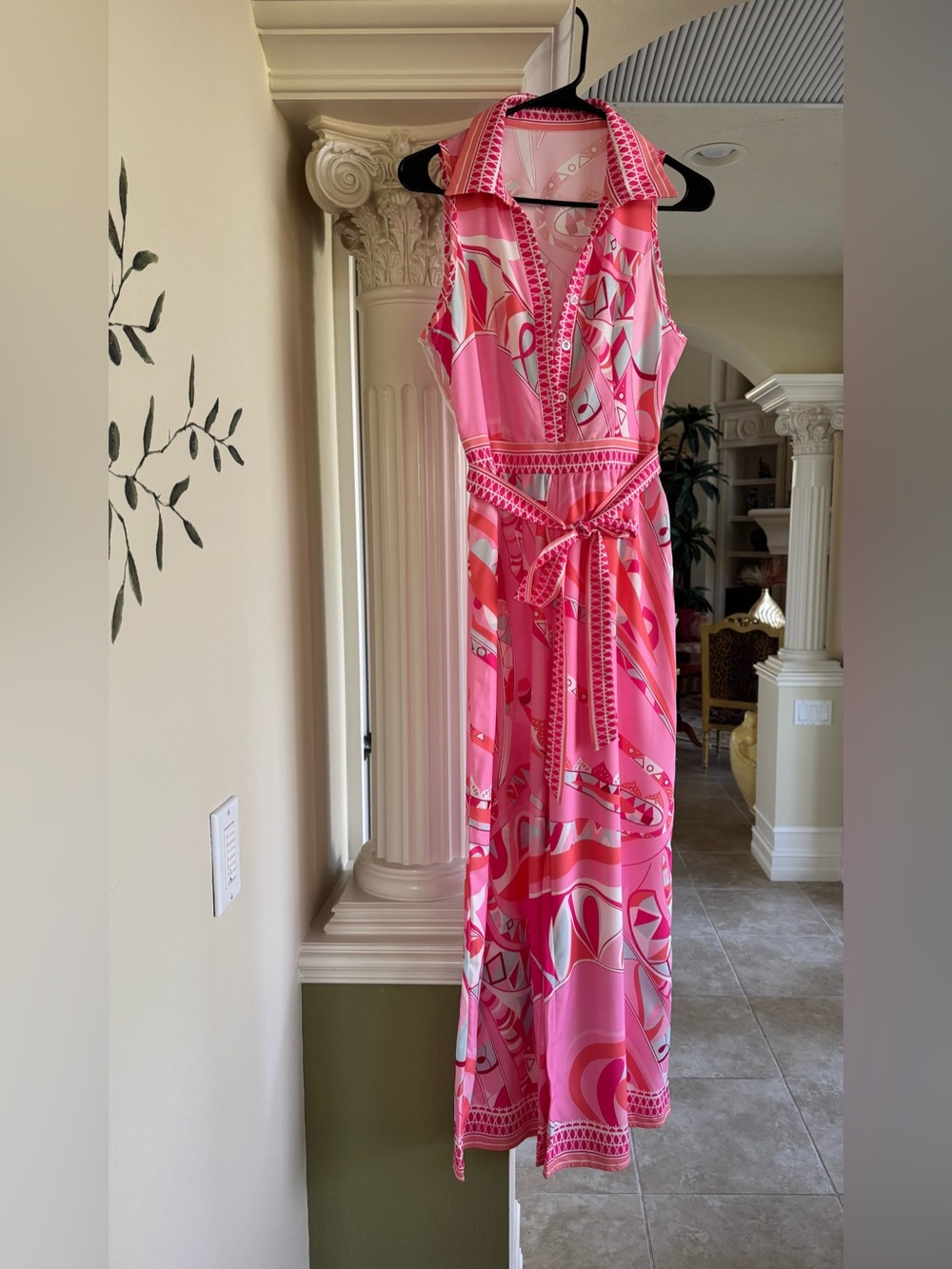 SHEIN Pink Patterned Sleeveless Tie-Waist Jumpsuit